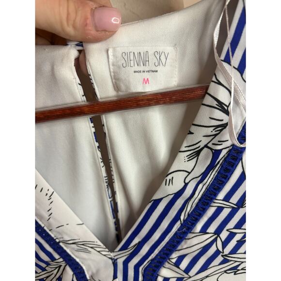 Sienna Sky Dress Medium Cute Summer Blue White Stripes Floral Short Sleeve - Picture 2 of 5